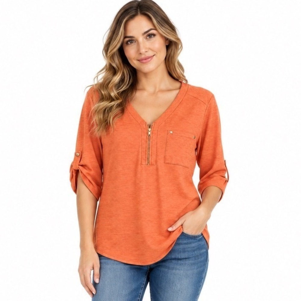 Perception Concept Large Pumpkin Spice Zip V-Neck Roll Tab Sleeve Top